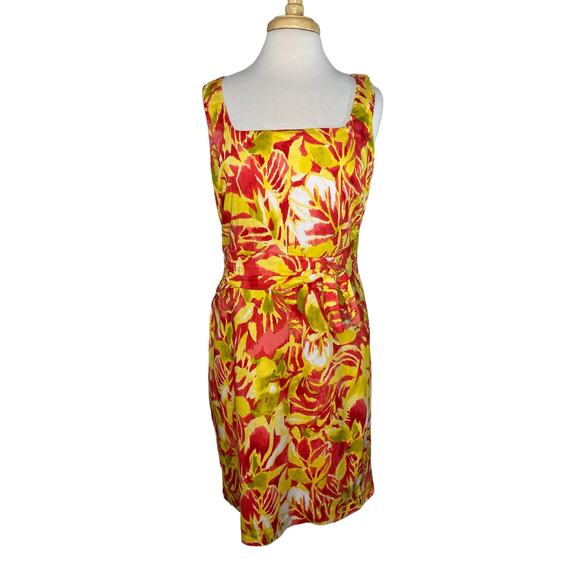 RALPH LAUREN LRL Yellow Red Tropical Floral Print Cotton Stretch Dress Size 12 - Picture 1 of 11